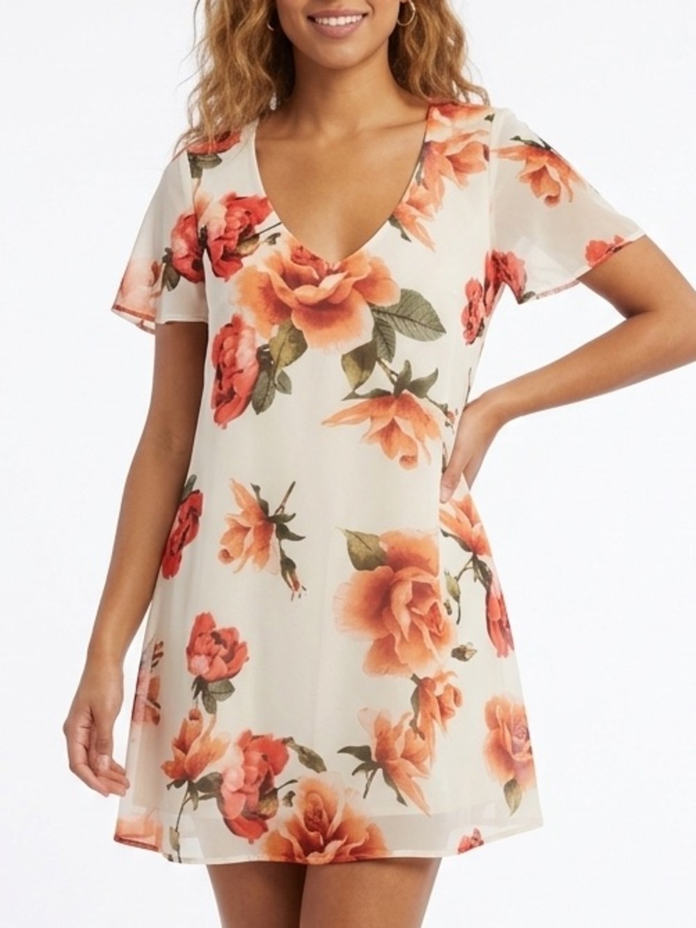 Show Me Your Mumu Roses Floral Flutter Sleeve Kylie Mini Dress With Slip